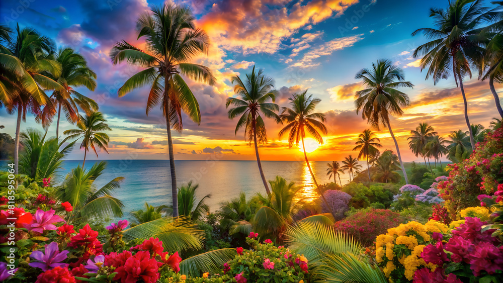 a lively, colorful scene of a tropical paradise.
 