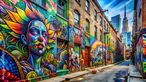 a colorful urban scene showcasing a graffiti-covered wall. © Herocb