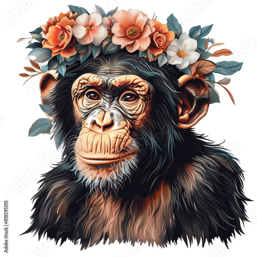 Monkey with flowers in hair isolated on transparent background.PNG file. 