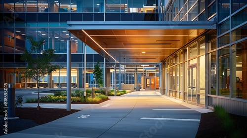 The hospital facade's design emphasizes safety and security while maintaining an inviting atmosphere.