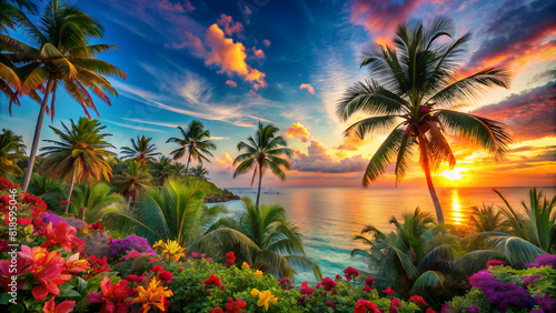 a lively  colorful scene of a tropical paradise.  