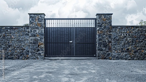 An automatic sliding gate with remote control, set in a tall stone wall.