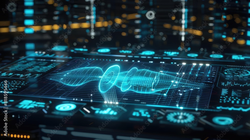 A conceptual artwork of a micro quantum computer generating a hologram of sound waves, illustrating data processing A conceptual artwork of a micro quantum computer generating a hologram of sound waves, illustrating data processing