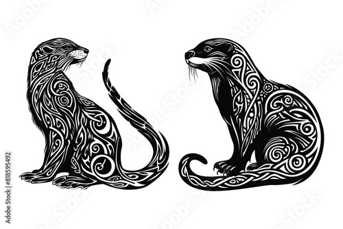 Two Celtic otters.  cartoon style, Celtic ornaments. black and white Vector illustration	
