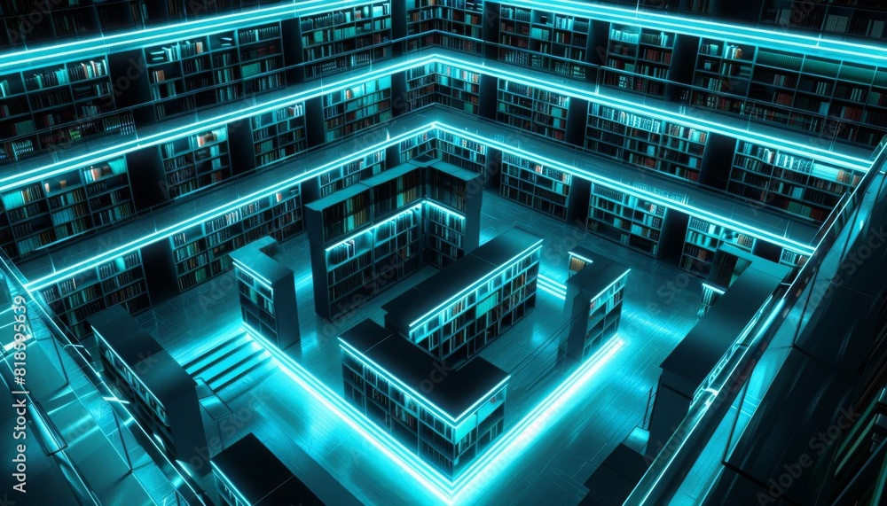A vast library with bookshelves stretching as far as the eye can see. The shelves are lit up by a soft blue light, creating a warm and inviting atmosphere. A vast library with bookshelves stretching as far as the eye can see. The shelves are lit up by a soft blue light, creating a warm and inviting atmosphere.