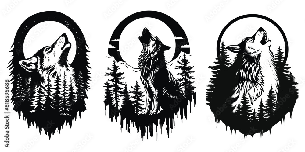 Fototapeta set of Wolf head Vector illustrations. wolf howling in a forest with the moon