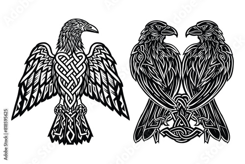 Odin's Celtic Raven, In Norse, raven, crow, bird, animal, Celtic style, isolated on white, vector illustration.