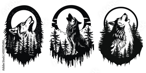 set of Wolf head Vector illustrations. wolf howling in a forest with the moon