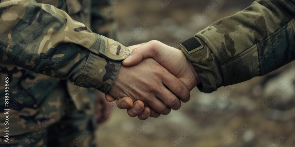 Two soldiers shaking hands in agreement in camouflage uniforms. Military cooperation, trust, and solidarity in a field environment during the war. Military business alliance collaboration concept Two soldiers shaking hands in agreement in camouflage uniforms. Military cooperation, trust, and solidarity in a field environment during the war. Military business alliance collaboration concept