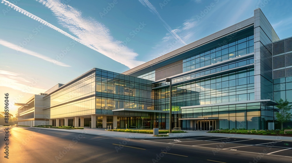 Obraz premium The hospital's exterior facade, designed with large windows to maximize natural light and ventilation.