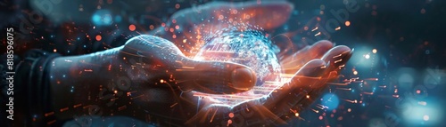 Holographic hands cradle a virtual launch, marking the inception of a tech voyage