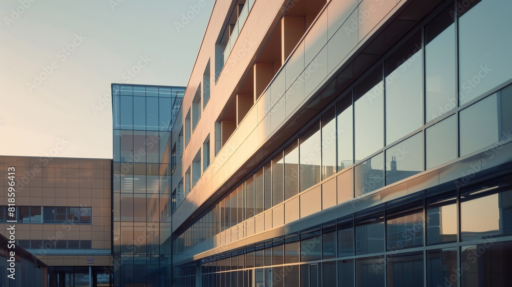 Fototapeta premium The hospital's exterior showcases a balance of modernity and warmth, inviting patients into a caring environment.