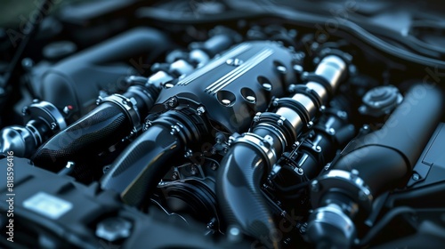 A realistic digital rendering of a powerful supercharged engine is displayed in the image mockup, Generated by AI photo