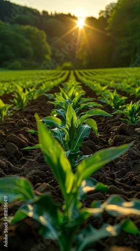 Rows of young plants in a field at sunrise  green leaves illuminated by sunlight  representing growth and agriculture.