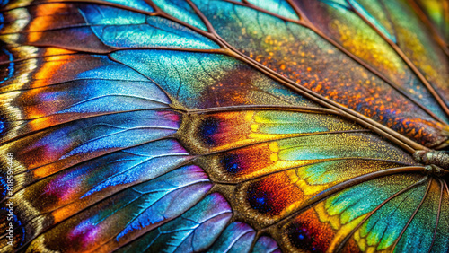 A detailed macro image of a colorful butterfly's wing, revealing its delicate scales and mesmerizing patterns.