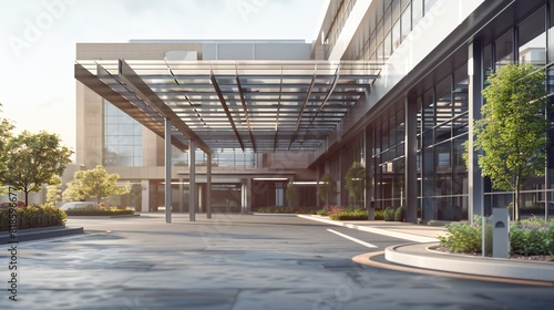 Modern glass office building entrance, corporate headquarters architecture, steel canopy facade in morning light for business real estate