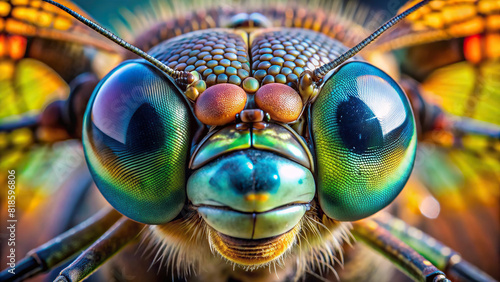 An extreme close-up of the compound eyes of a dragonfly, highlighting its multifaceted structure photo