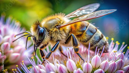 An extreme close-up of a honeybee collecting nectar from a flower, highlighting its fuzzy body and delicate wings