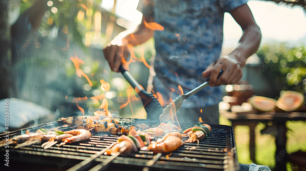 Fototapeta premium Unrecognizable man cooking seafood on a barbecue grill in the backyard.