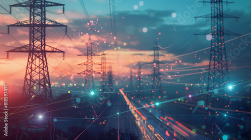 Scenic Sunset with Power Lines and Electrical Towers in Futuristic Digital Overlay..