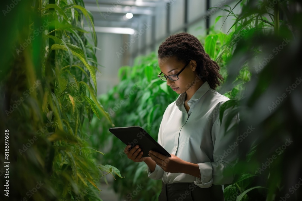 woman analyzing plants science using digital tablet
