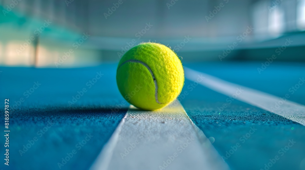 Tennis ball on court surface, focus on sport equipment. Bright tennis ball on blue court background. Macro photography showing detail and texture. Ideal for sports themes. AI