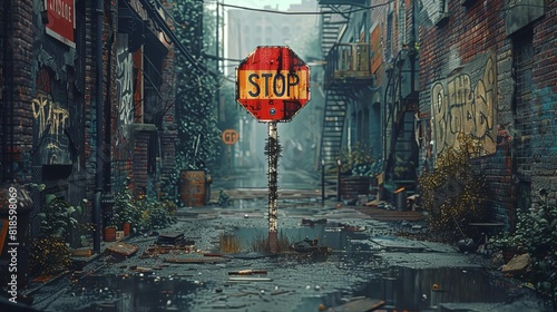 A post-apocalyptic city street with a stop sign in the foreground photo