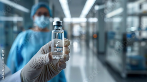 A doctor holding a vial of medicine, ready to administer, in a clean and bright clinic, copy space