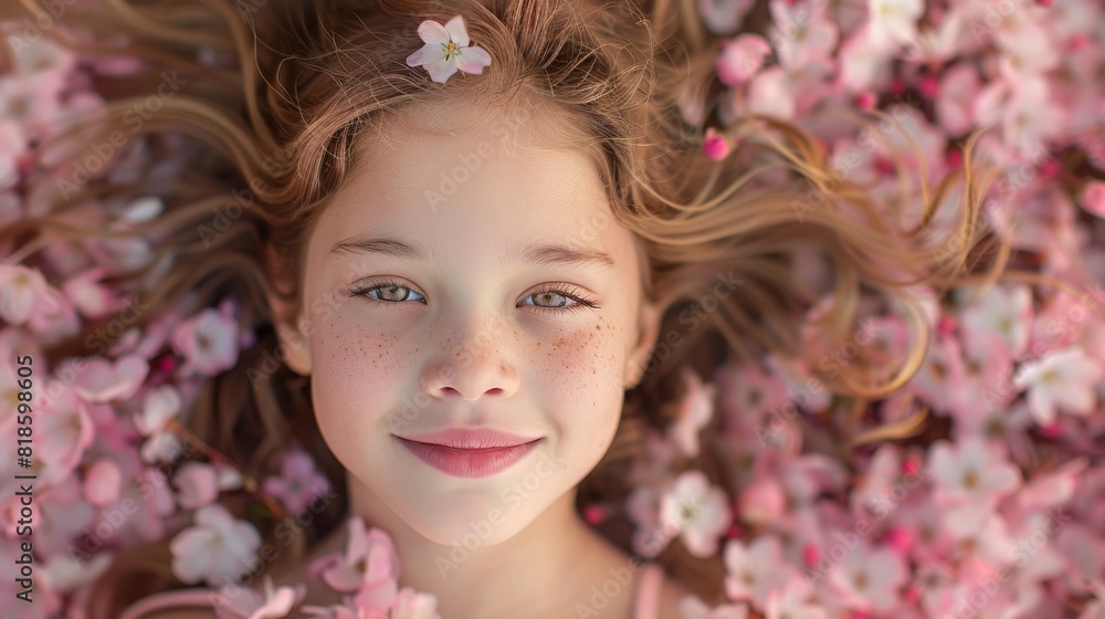 A young girl is laying in a bed of pink flowers A young girl is laying in a bed of pink flowers