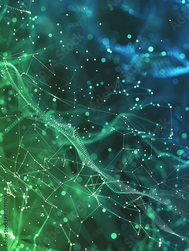 Abstract blue green technology background with a cyber network grid and connected particles. Artificial neurons, global data connections - Generative AI