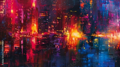Urban night scene  close-up of a city ablaze with neon lights  colorful reflections on buildings under the night sky