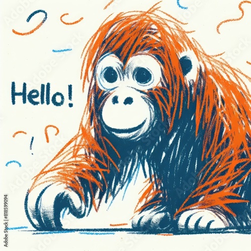 Child Drawing a Very Cute and Adorable Orangutan photo