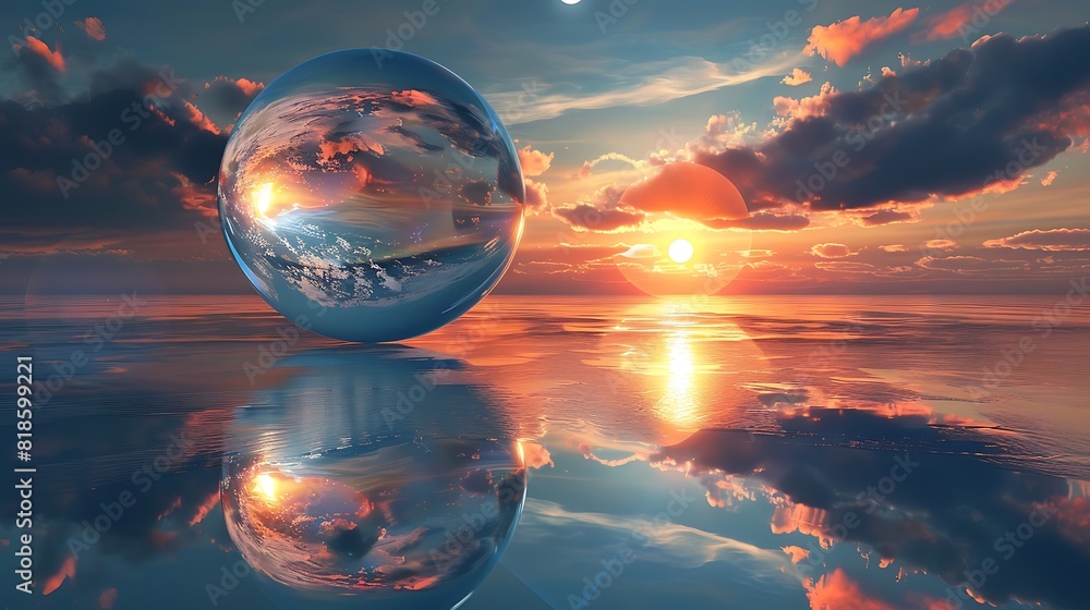 a transparent ball in which the plane of the earth inside is visible in the shape of a circle, a transparent ball in which the plane of the earth inside is visible in the shape of a circle,