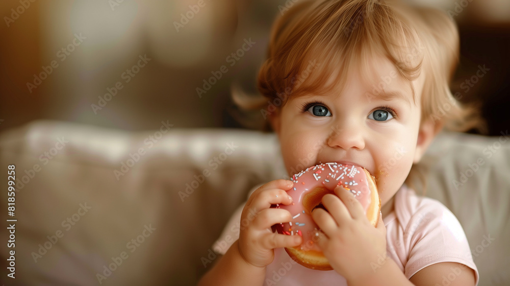 copy space, stockphoto, happy caucasian toddler eating a donut, national donut day theme. Happy black caucasian child with a donut. Colorful image. Sugar food. Child is having a good time, unhealthy f copy space, stockphoto, happy caucasian toddler eating a donut, national donut day theme. Happy black caucasian child with a donut. Colorful image. Sugar food. Child is having a good time, unhealthy f