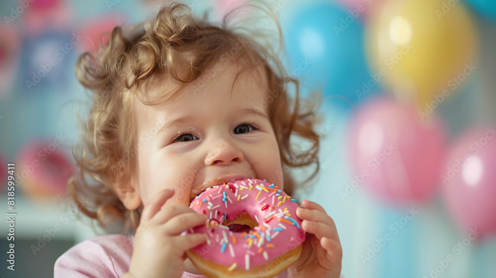 copy space, stockphoto, happy caucasian toddler eating a donut, national donut day theme. Happy black caucasian child with a donut. Colorful image. Sugar food. Child is having a good time, unhealthy f copy space, stockphoto, happy caucasian toddler eating a donut, national donut day theme. Happy black caucasian child with a donut. Colorful image. Sugar food. Child is having a good time, unhealthy f