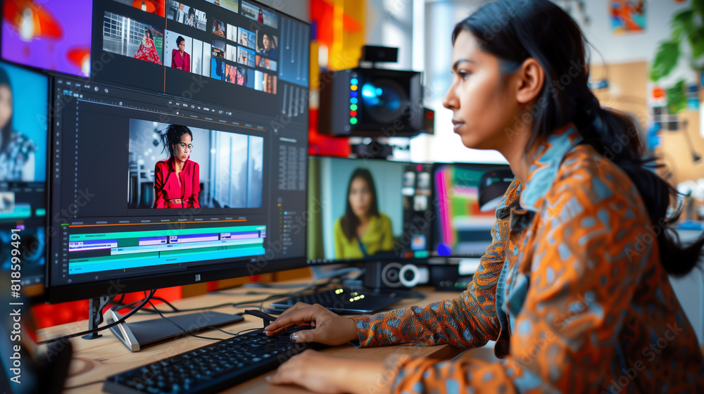 Woman Working on Video Editing Software with Dual Monitors in Modern Office Woman Working on Video Editing Software with Dual Monitors in Modern Office