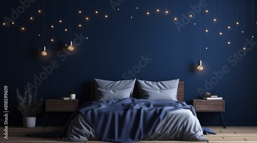 A dark blue bedroom with a blue wall and a lamp hanging above it, Interior of a classic house, a bedroom with a large bed and dark wooden furniture, dark blue bedroom interior background.