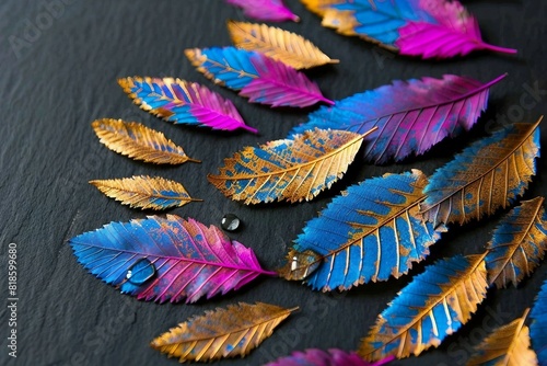 a group of colorful leaves laying on top of a black surface