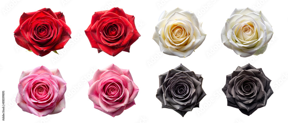 Collection set of red pink white black violet stalk of rose roses flower floral top view on transparent background cutout, PNG file. Mockup template artwork graphic design Collection set of red pink white black violet stalk of rose roses flower floral top view on transparent background cutout, PNG file. Mockup template artwork graphic design