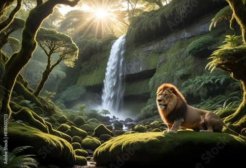 lion sitting by waterfall (332) photo