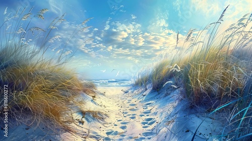Turquoise beach paradise  sandy path leading through dunes  ethereal light creating a magical ambiance  clear blue sky  tranquil setting