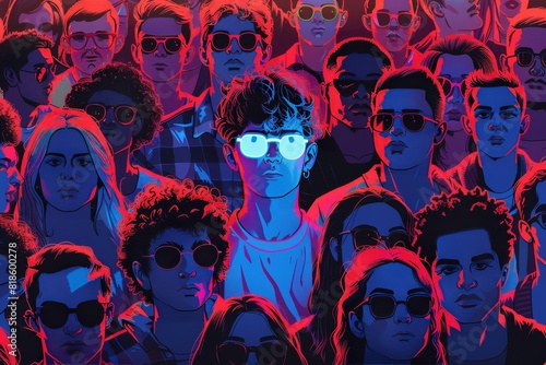 A diverse group of people wearing sunglasses are looking in different directions. One person stands out by looking directly at the viewer.