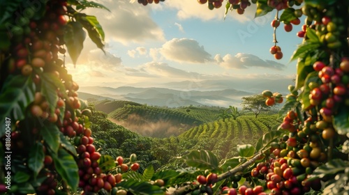 Towering coffee beans creating an arch over a lush landscape, representing their essential role in coffee production and market economy