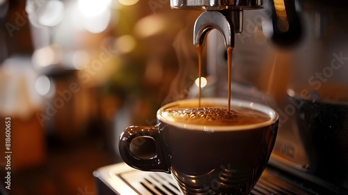 Espresso machine pours fresh black coffee closeup. Coffee machine preparing fresh coffee and pouring into cups at restaurant, bar or pub. photo