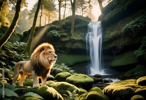 lion sitting by waterfall (13) photo