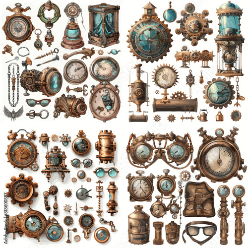 A collection of vintage clocks and other mechanical objects. Scene is nostalgic and whimsical, evoking a sense of wonder and curiosity about the past