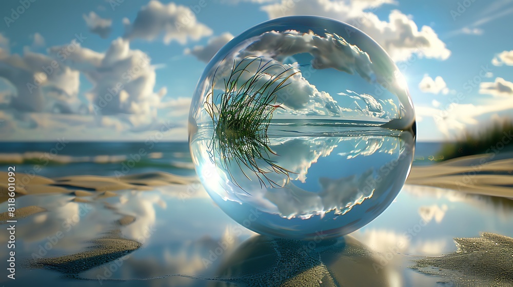 a transparent ball in which the plane of the earth inside is visible in the shape of a circle, a transparent ball in which the plane of the earth inside is visible in the shape of a circle,