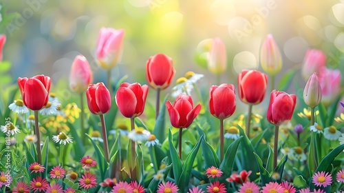 Beautiful Tulips in Bloom. Elegant flowers in a colorful garden. Perfect for spring-themed artwork, backgrounds, and nature magazines. AI © Irina Ukrainets