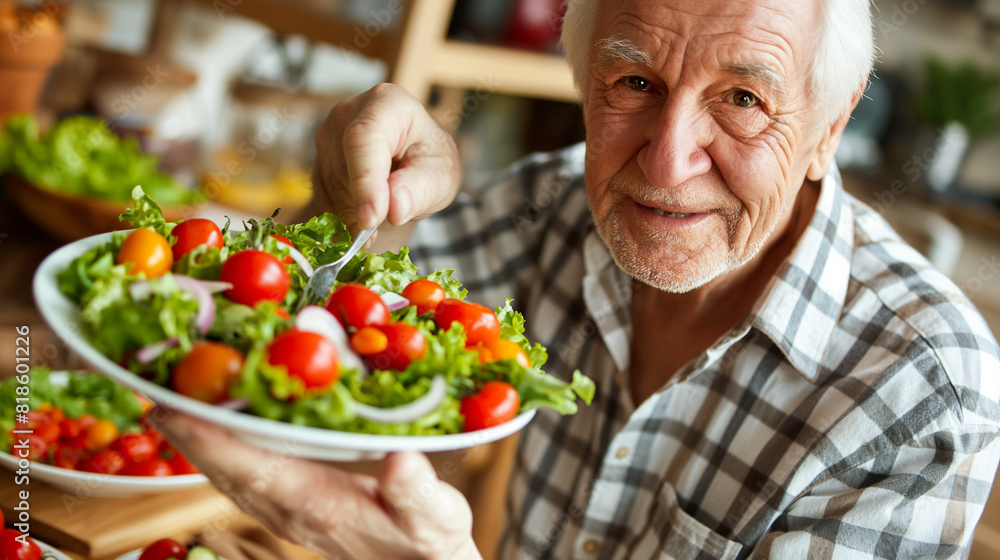 Portrait of smiling senior white-haired man ready to eat a salad of fresh summer fruits. Breakfast or lunch time, healthy eating. Portrait of smiling senior white-haired man ready to eat a salad of fresh summer fruits. Breakfast or lunch time, healthy eating.