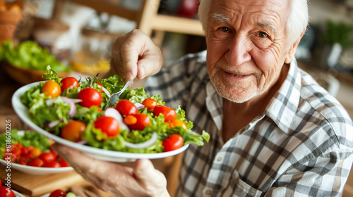 Portrait of smiling senior white-haired man ready to eat a salad of fresh summer fruits. Breakfast or lunch time  healthy eating.